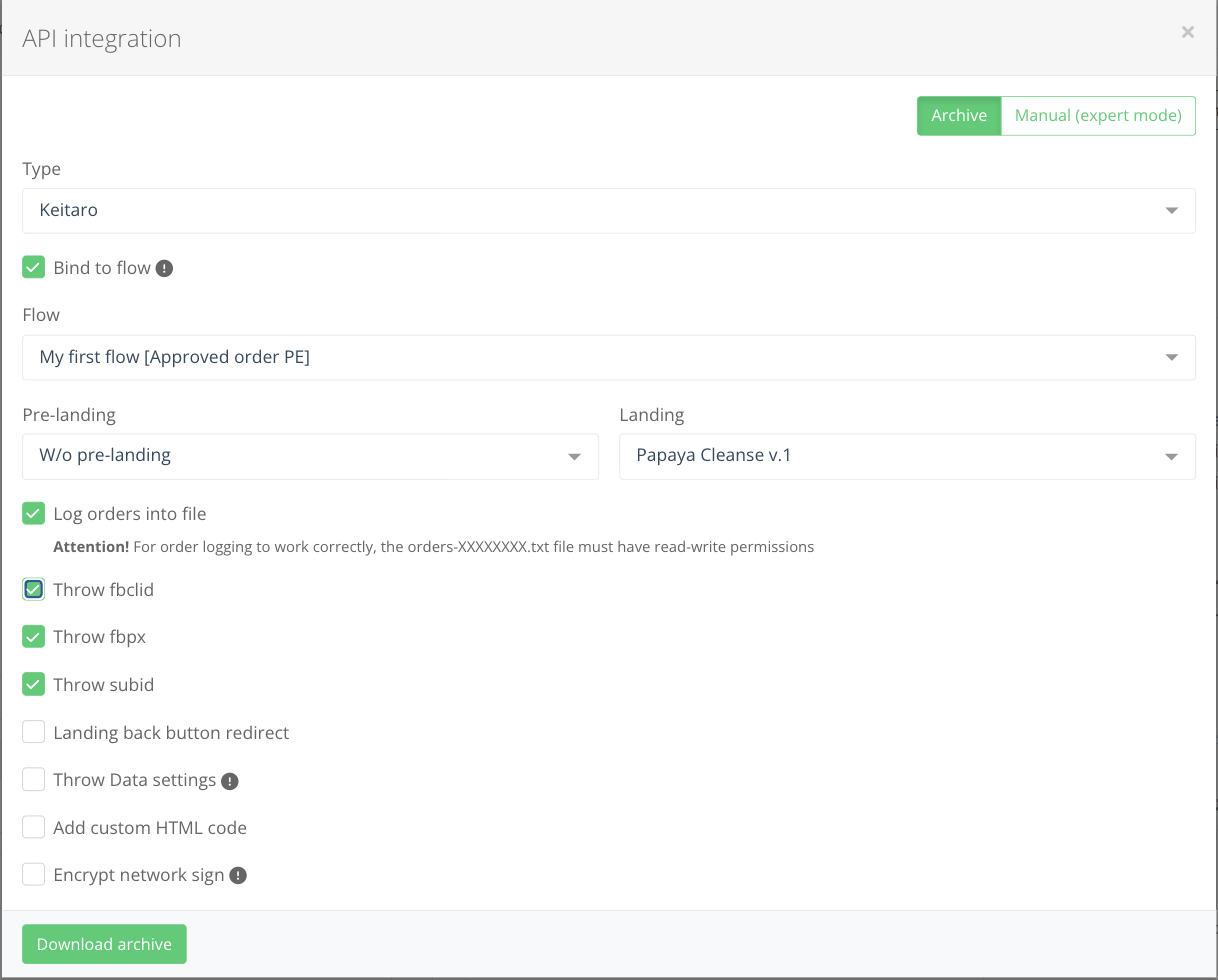 AFF1 API integration window, Archive tab, type Keitaro