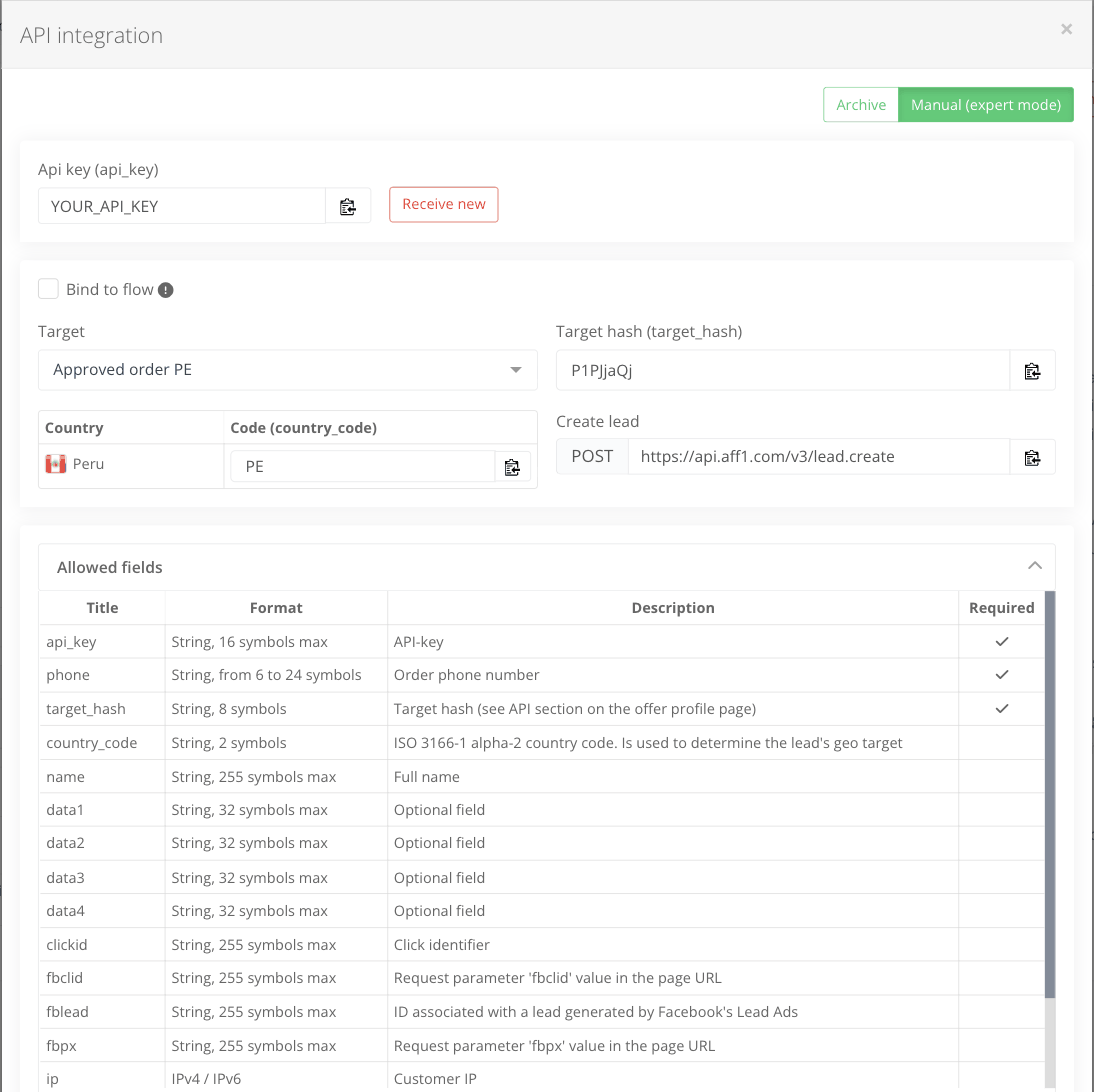 API integration window, Manual (expert mode) tab: API key, target, country code, target hash, request URL and allowed fields