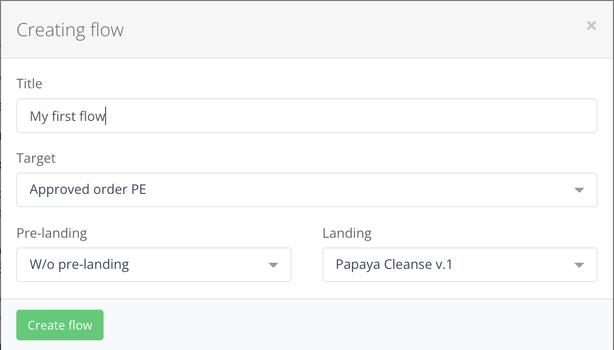 Creating flow window with title, target, pre-landing and landing