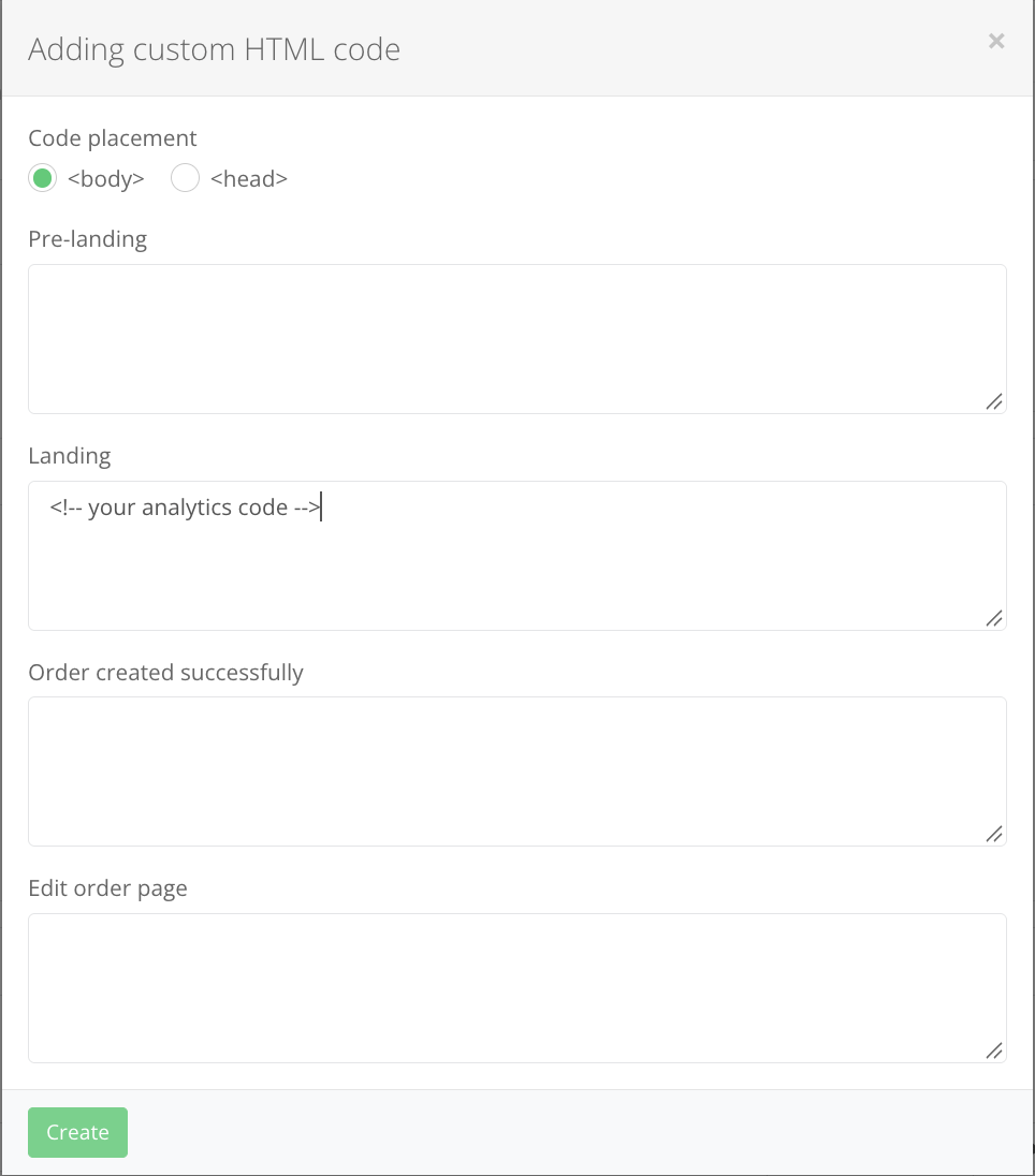 Adding custom HTML code window with code placement and fields for four pages