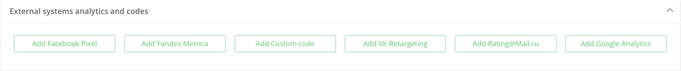 External systems analytics and codes section with buttons for six systems