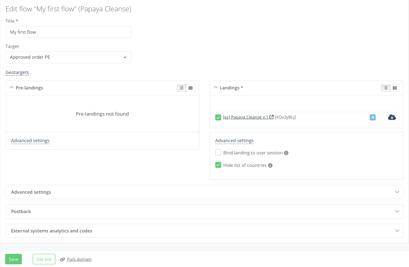 Flow profile with landings, advanced settings, postback and external codes sections