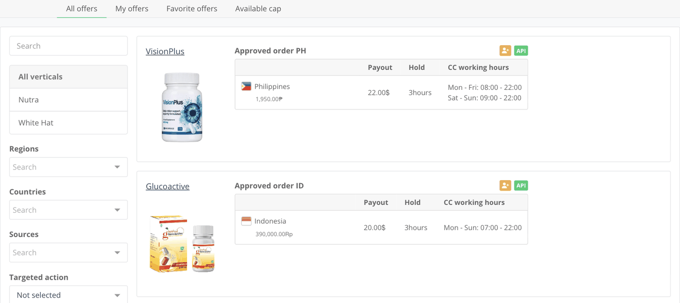 Offer list in the AFF1 publisher account with filters on the left