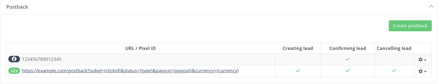 Postback list of a flow with an s2s postback and a Facebook Conversion API postback